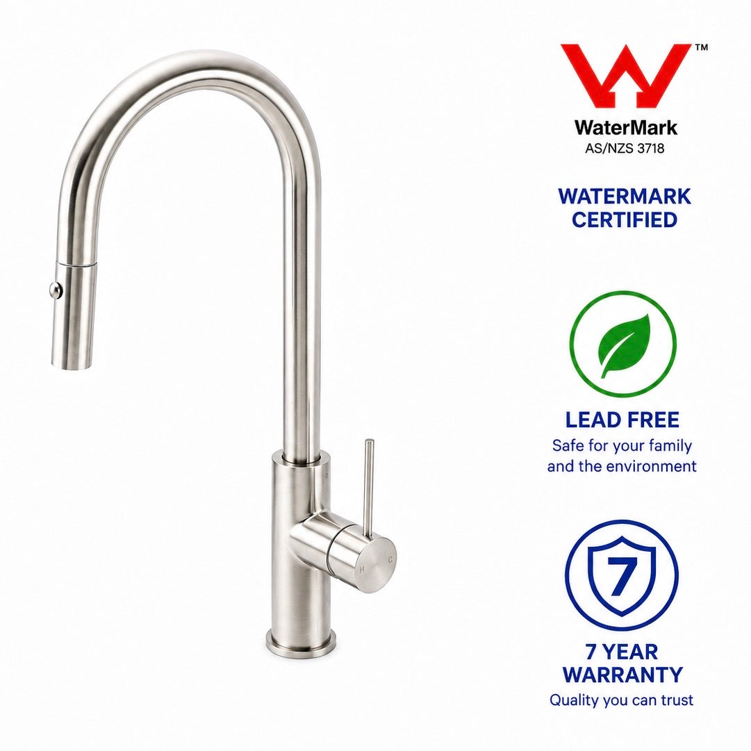 NUVORA Brushed SS 360° Pull Out Kitchen Mixer (Watermark & Warranty)