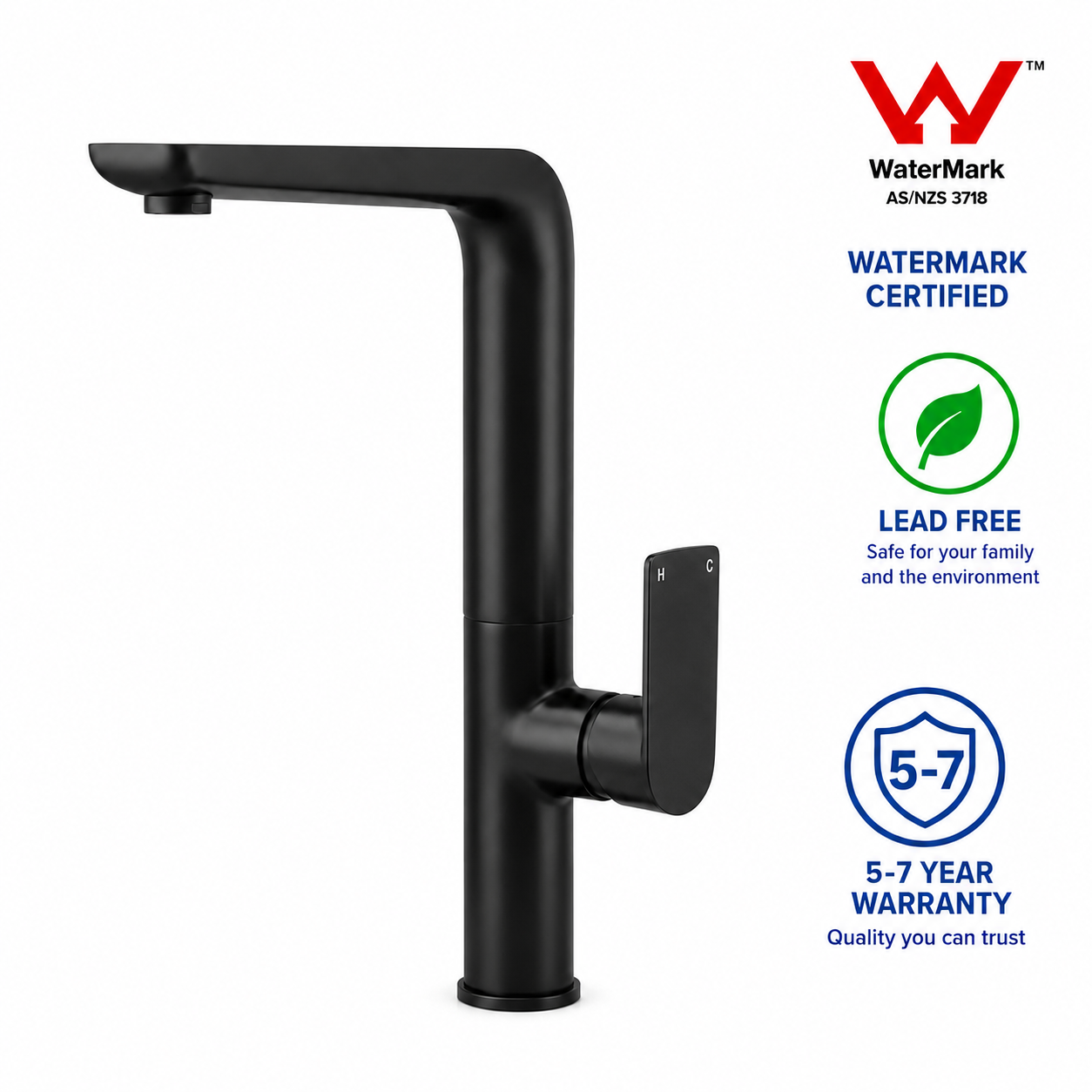 NUVORA Matte Black Kitchen Mixer (Watermark & Warranty)