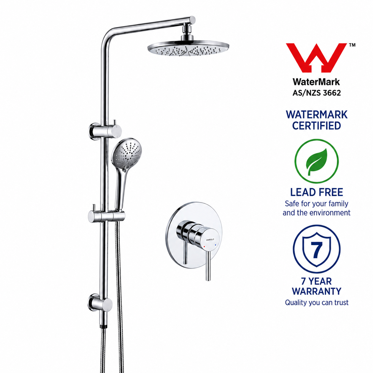 German Design Chrome Rain Shower Set & Mixer (Watermark & Warranty)