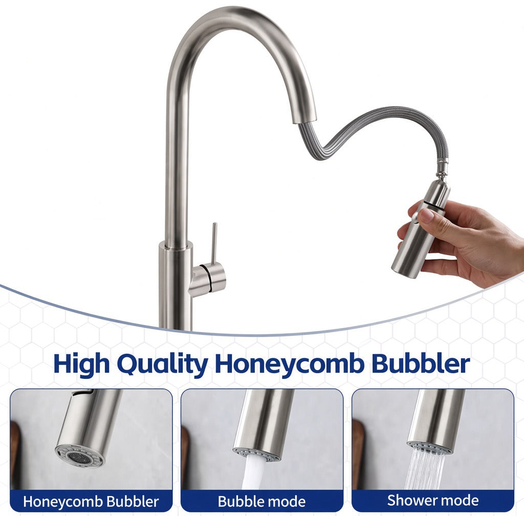 NUVORA Brushed SS 360° Pull Out Kitchen Mixer (Watermark & Warranty)
